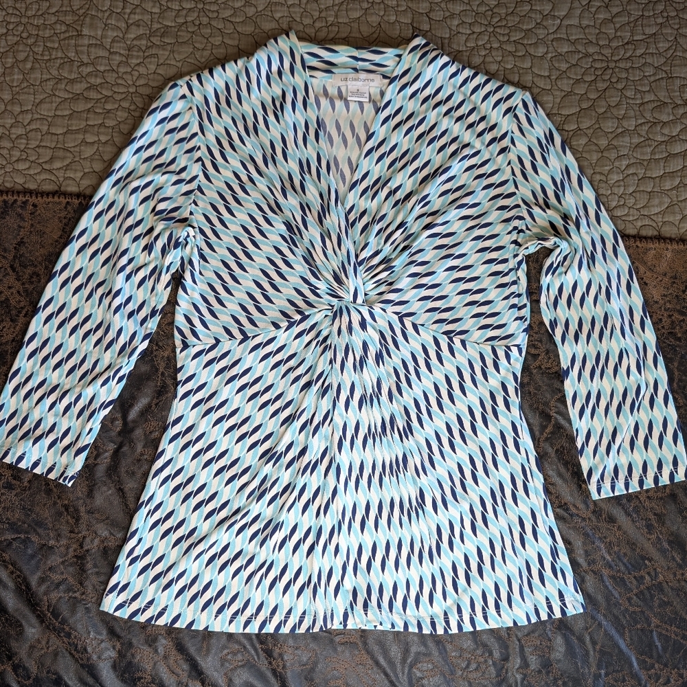 Liz Claiborne Knit Top - Blue, Light Blue and White - 3/4 Sleeve - Small